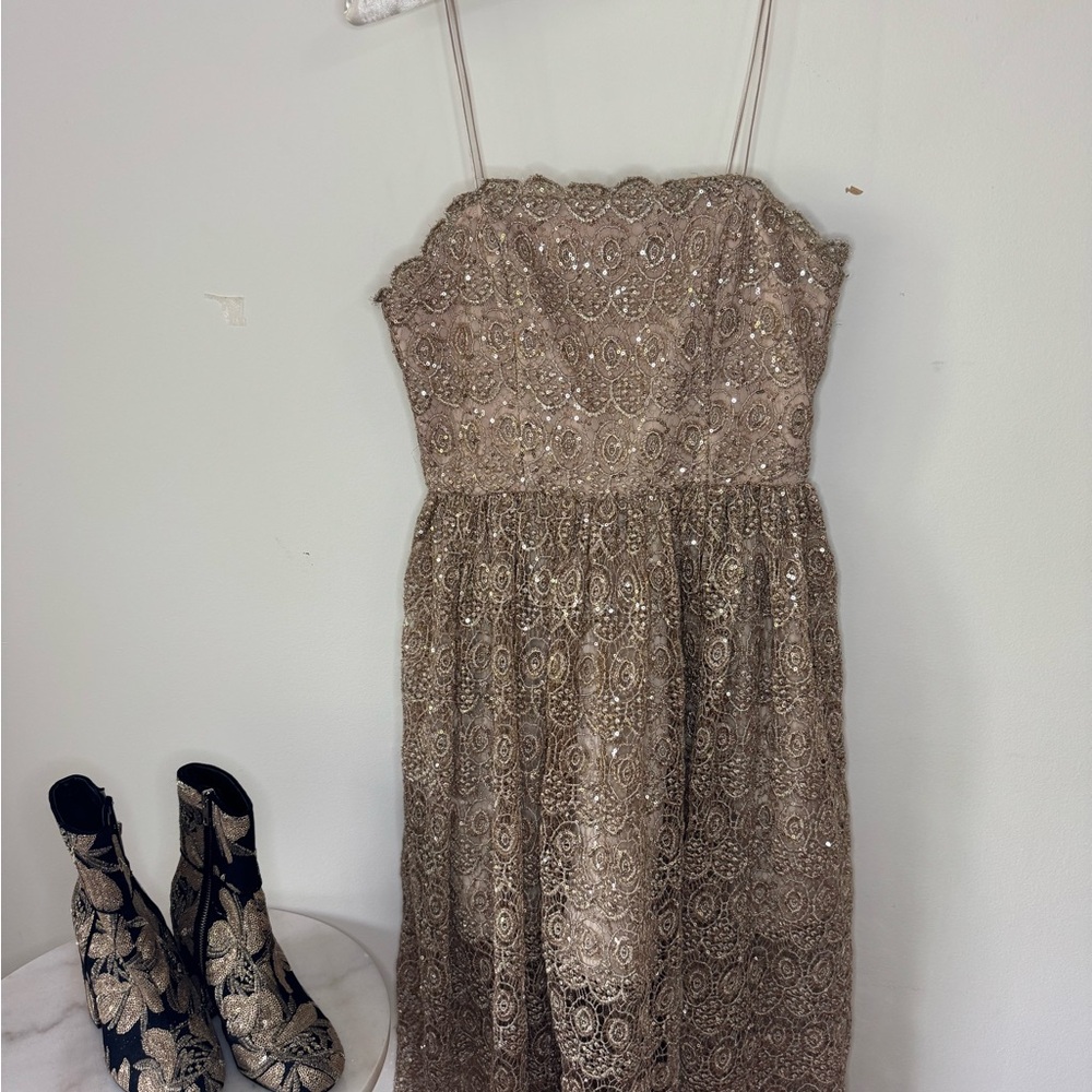 Alice + Olivia Embellished Lace Midi Alma Sequin Gold Dress